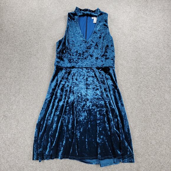 London Times Velvet Burn Out Dress Womens 8 Blue Cutout V Neck Band Collar Party - Picture 1 of 15